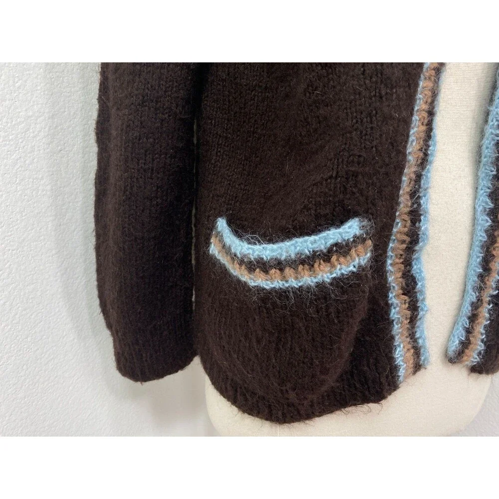 Vintage Hand Knit Brown Wool Open Front Cardigan Mohair Blue Trim Pockets S/M
